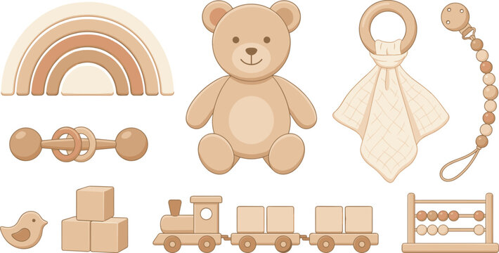 Eco Friendly Wooden Baby Toys Vector Set Featuring Teddy Bear, Rainbow Stacker, Train, Blocks, and Teether Elements for Boho Style Nursery Designs