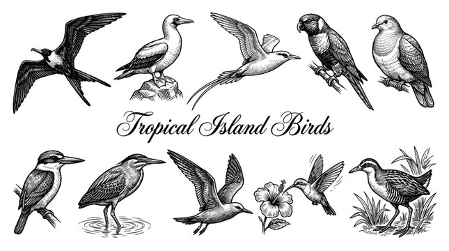 Vintage Engraving Style Tropical Island Birds Collection Including Parrot Hummingbird and Kingfisher Vector Illustration