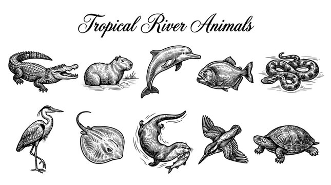 Set of Hand Drawn Tropical River Animals in Vintage Engraving Style Including Crocodile Capybara Dolphin Piranha Snake Heron Stingray Otter Kingfisher and Turtle