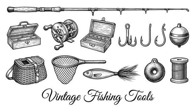 Vintage Fishing Tools and Gear Vector Set with Rod Reel Hooks Tackle Box and Wicker Basket in Hand Drawn Engraving Style