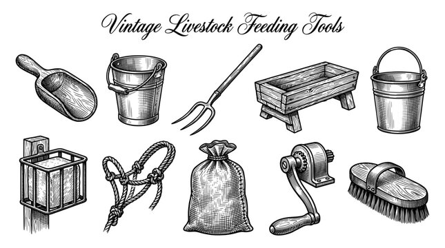 Set of vintage livestock feeding and animal care tools in hand-drawn engraving style, featuring bucket, pitchfork, wooden trough, scoop, sack, halter, salt lick, and grooming brush.