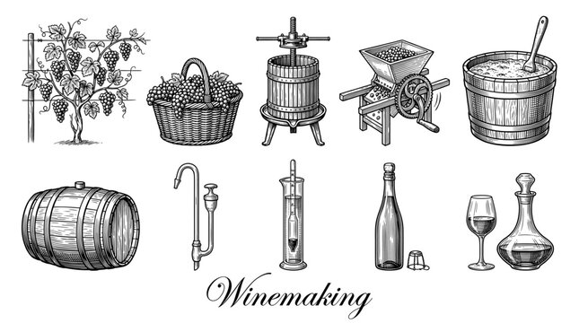 Winemaking process and equipment vector illustration set featuring grapevine, wine press, wooden barrel, bottle and glass in vintage engraving style.