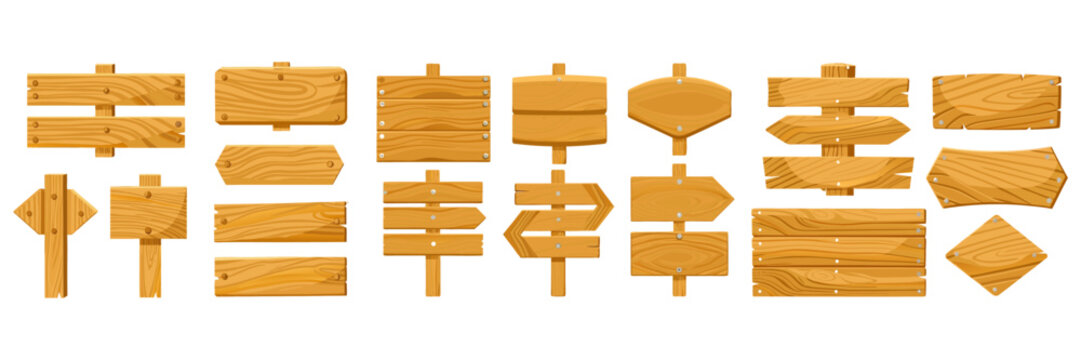 An extensive collection of blank wooden signs, rustic directional arrow indicators, and geometric timber billboards on posts.
