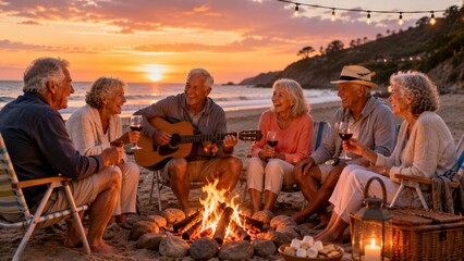 Fototapeta premium Senior friends enjoying a beach bonfire at sunset