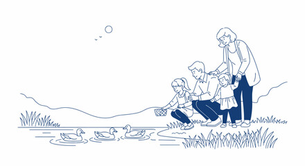 Obraz premium Family feeding ducks by the lake enjoying nature.