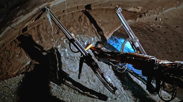 Tunnel jumbo drills the rock face inside an underground excavation, showing active tunnel construction, rock support preparation, heavy machinery and engineering work in a confined infrastructure site