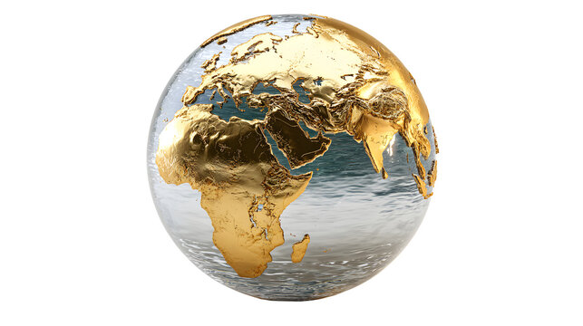 Golden globe with continental landmasses and ocean depths positioned over a browser window, clean white background