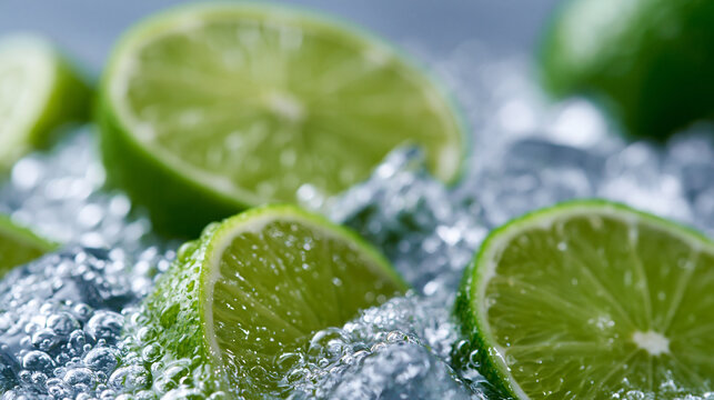 Photorealistic commercial photography, macro shot of fresh green lime slices submerged in clear sparkling water with ice cubes, transparent bubbles of different sizes scattered acr