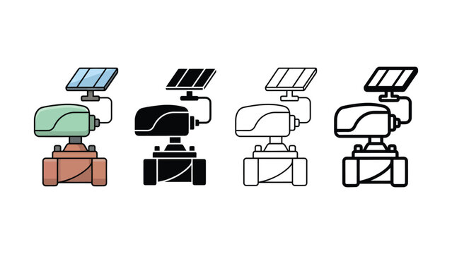 Four different colored solar powered security camera icons on white background