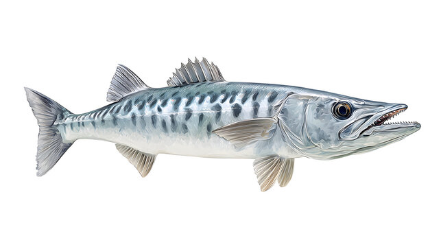 Great barracuda on clean white background, silver predatory fish with sharp teeth for marine life and wildlife design
