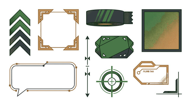 Collection of military and tactical equipment including camouflage, targets, and protective gear for strategic operations