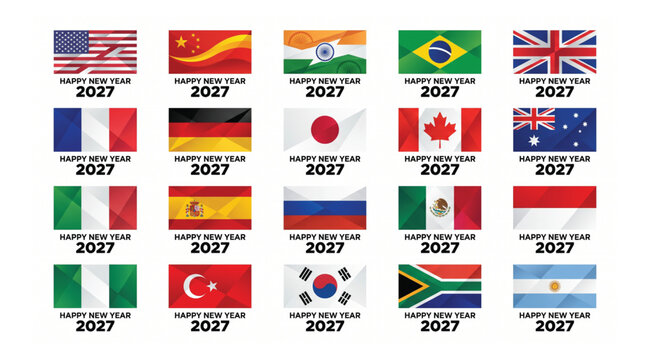 Happy new year 2027 celebrations with world flags displayed in grid south africa celebration international greeting festivity anniversary patriotic australia argentina background