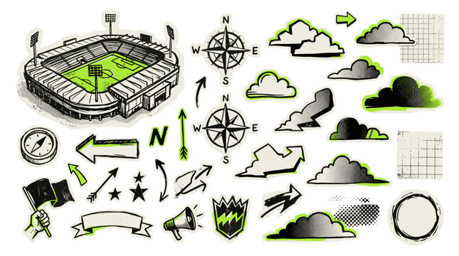 Collection of weather and environmental icons including clouds, sun, rain, storm, wind, and nature symbols