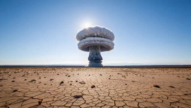Dramatic nuclear blast mushroom cloud rising over parched earth