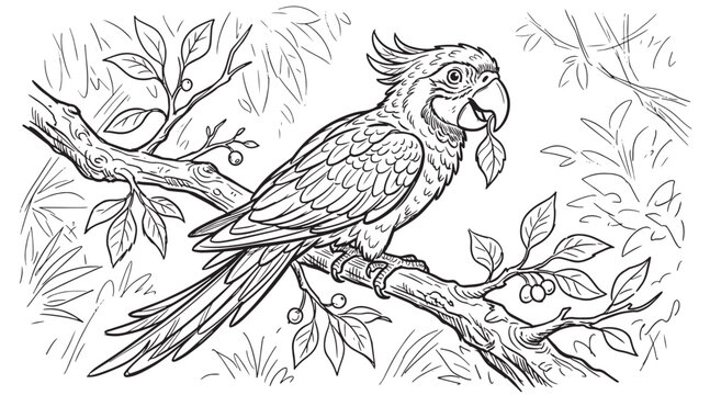 Tropical Parrot Bird Perched on Branch Wildlife Nature Illustration