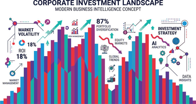 Bar graphs illustrate corporate investment landscapes and complex market volatility patterns for modern business intelligence.