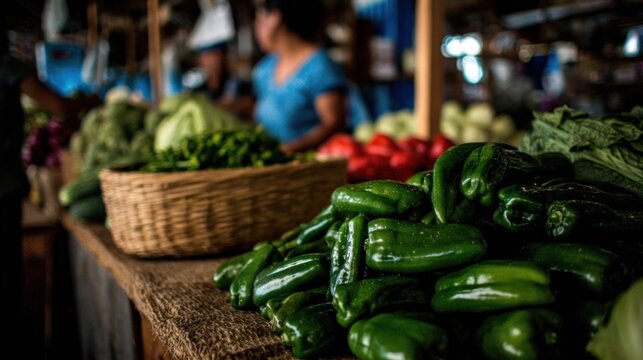 Freshly harvested green peppers and leafy vegetables are displayed for sale at an outdoor produce stand.