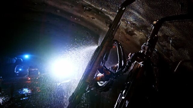 Heavy equipment operates inside a dark tunnel with water spray and intense lighting, showing underground excavation, tunnel engineering, construction machinery and infrastructure work in progress.