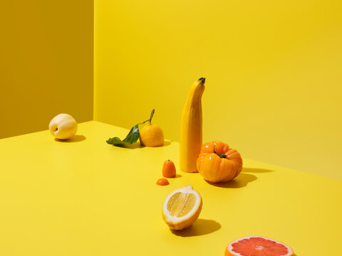 Fruit and veg arranged in a yellow corner