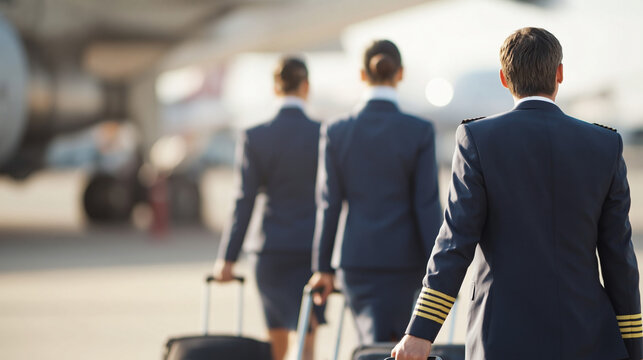 Flight crew preparing for departure airport terminal professional photography daytime back view aviation industry