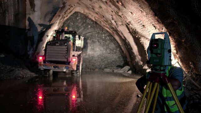 Survey worker uses a total station inside a wet tunnel construction area while heavy equipment operates in the background, showing underground crew, engineering control and infrastructure progress.
