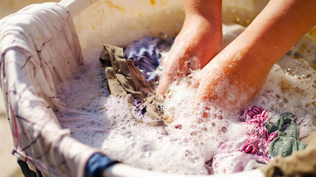 Washing clothes by hand home photography indoor close-up domestic chores and sustainability