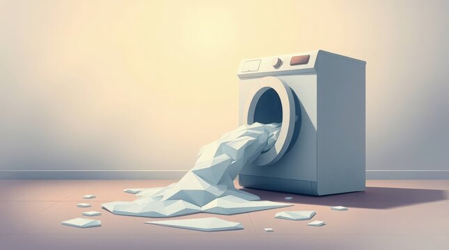 Broken washing machine leaking foam on floor