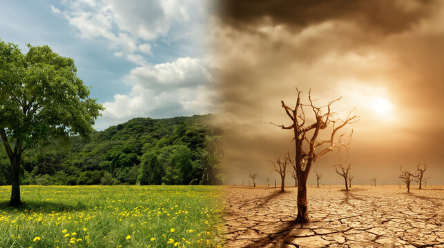 Dramatic climate change contrast nature photo environment side-by-side view survival of ecosystems
