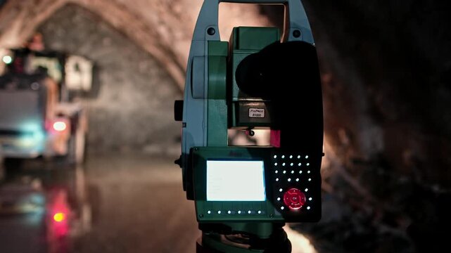 Survey worker operates a total station inside a tunnel site, with heavy equipment and wet ground behind, showing underground measurement, engineering control and infrastructure progress.