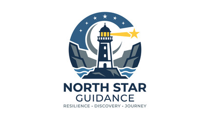 Fototapeta premium Guiding Star Shines Bright on Lighthouse Logo with Wings and Night Sky