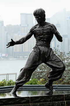 The bronze statue of Bruce Lee in a martial arts stance on the Avenue of Stars in Tsim Sha Tsui, Hong Kong, with Victoria Harbour and the misty Hong Kong Island skyline behind