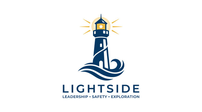 A logo featuring a lighthouse standing tall on waves with sun rays shining.
