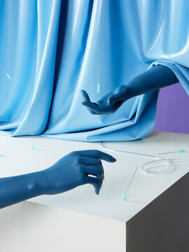 two blue mannequin hands