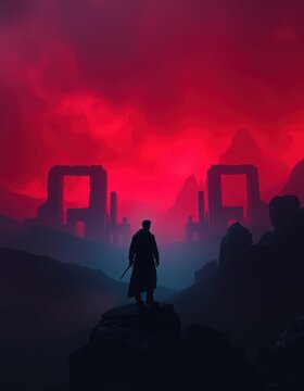 Silhouette of a person standing on a rocky outcrop in a ruined landscape
