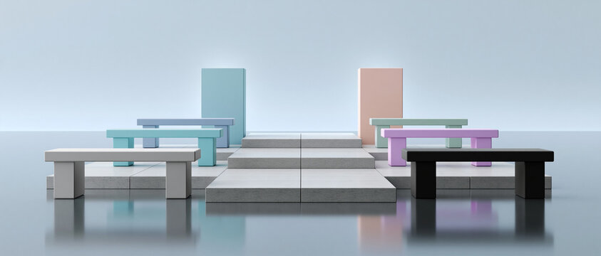 Modern furniture showcase exhibition hall display installation minimalist environment wide angle contemporary design