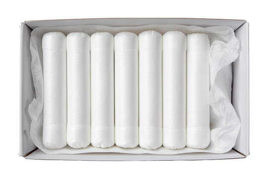 Open box containing white cylindrical tampons neatly packed side by side isolated on white background, Clipping Path, png