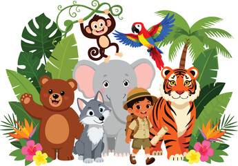 Naklejka premium Cute Cartoon Jungle Animals Collection Vector Illustration Set
