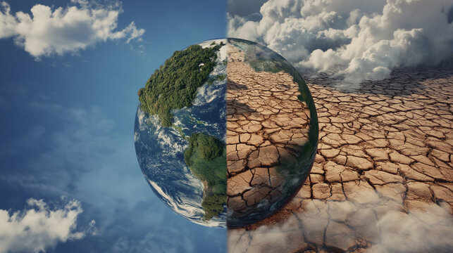 Climate change impact nature transformation global environment digital art split view earth vs. Drought