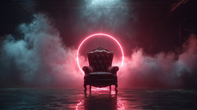 Mysterious throne surrounded by neon fog abandoned warehouse photography dark atmosphere cinematic viewpoint