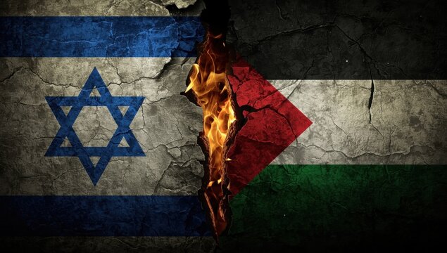 Cracked stone surface featuring flags of israel and palestine separated by a burning fire concept of middle east war