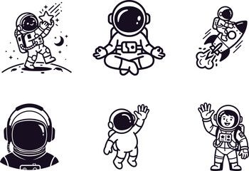 Fototapeta premium Astronauts in various space poses and activities on white background