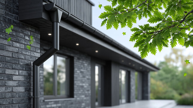 Modern architectural features of a black brick house suburban neighborhood exterior shot greenery contemporary design