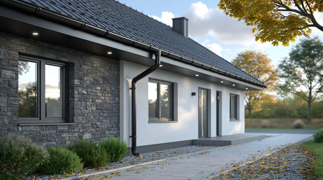 Modern residential architecture suburban neighborhood house exterior natural light eye-level view contemporary design