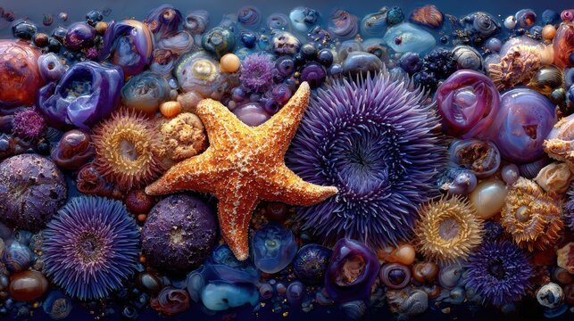 Underwater Symphony: A vibrant collection of sea anemones and starfish in a riot of color and texture create a breathtaking underwater tableau.