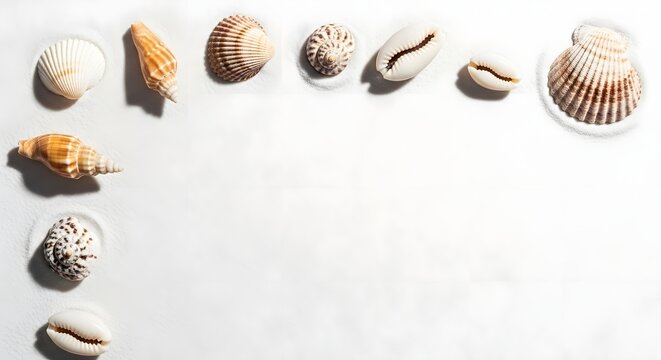 Top View Of Collection Of Various Beautiful Sea Shells Arranged As Frame On White Background