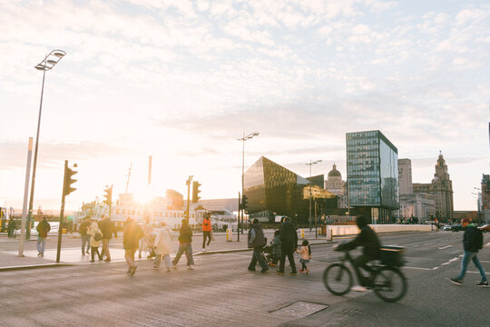 People Walking and Biking in a Busy Street in Liverpool
