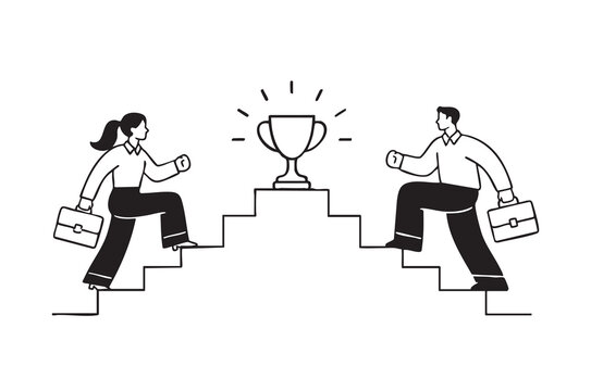 Black and white business competition illustration featuring a businessman and businesswoman climbing stairs toward a trophy.