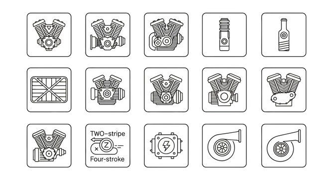 Motorcycle Engine and Car Parts Icons: V-Twin, Turbo, Radiator