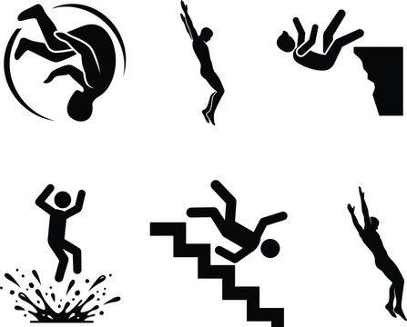 black silhouettes of people falling down or jumping in various poses
