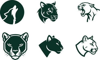 Collection of various wild cat head silhouettes and a wolf howling in a circle © Saidurra12